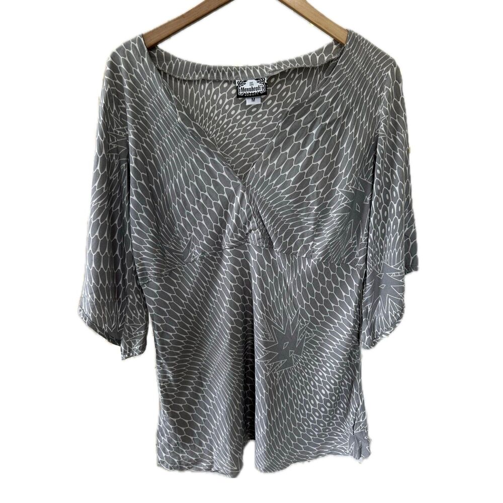 Manuhealii Hawaii Hawaiian Tropical Quarter Sleeve Gray Tunic Blouse M